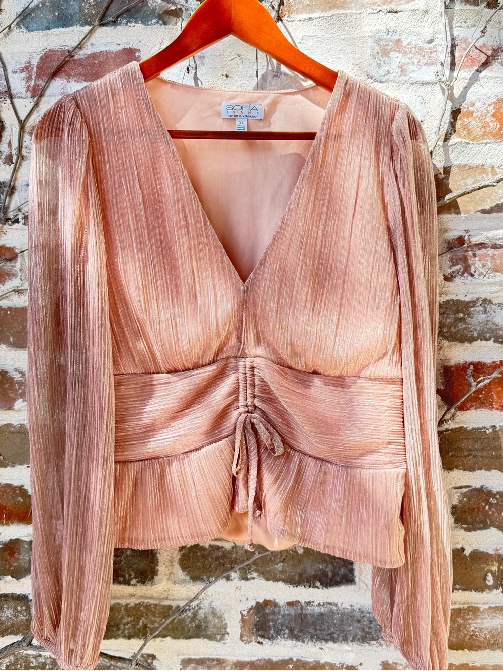 Sofia Jeans by Sofia Vergara Shimmer Peplum Blouse Rose Gold Blush XL